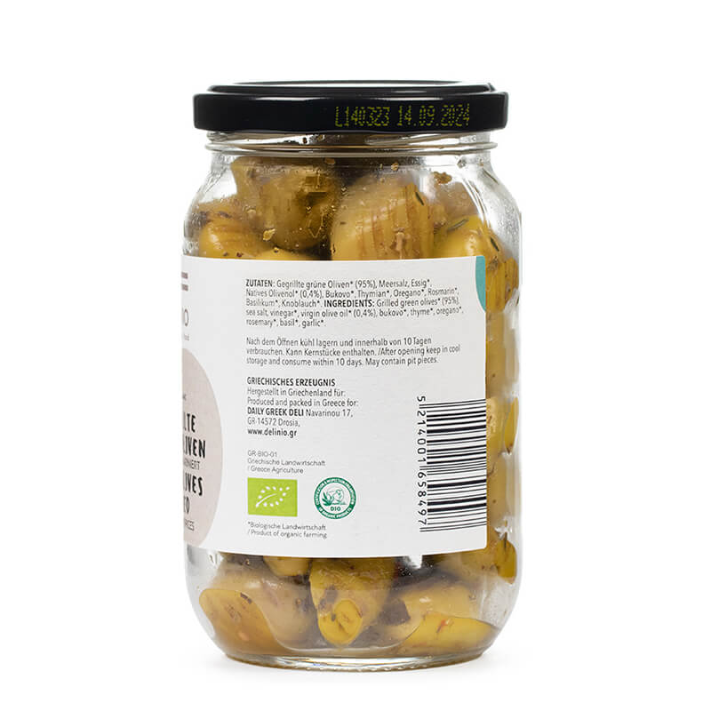 Gegrillte grüne Bio Oliven ohne Stein - mariniert von DELINIO, 180 g weitere Ansicht Gegrillte grüne Bio Oliven ohne Stein - mariniert von DELINIO, 180 g