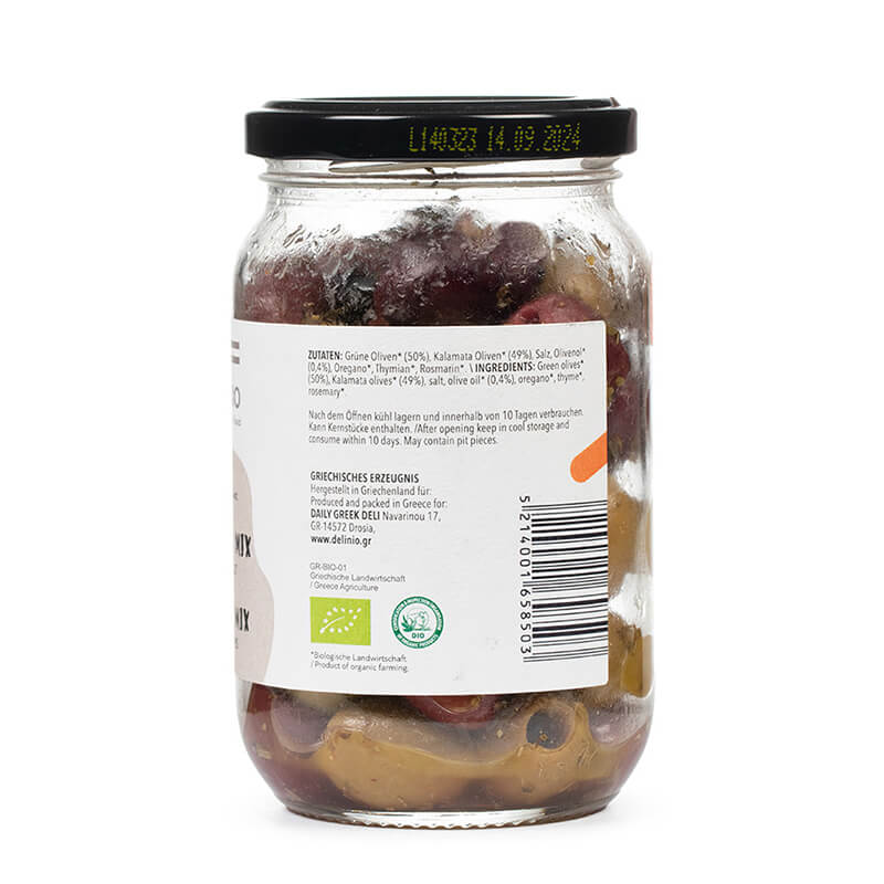 Bio Oliven Mix grüne & schwarze Oliven - mariniert von DELINIO, 180 g