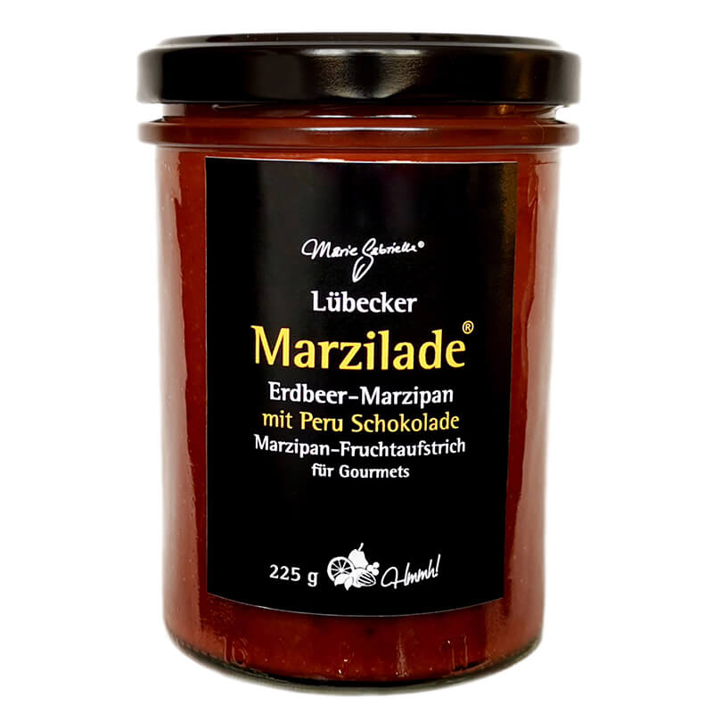 Lübecker Marzilade Erdbeere mit Peru-Schokolade Fruchtaufstrich für Gourmets, 225 g weitere Ansicht Lübecker Marzilade Erdbeere mit Peru-Schokolade Fruchtaufstrich für Gourmets, 225 g