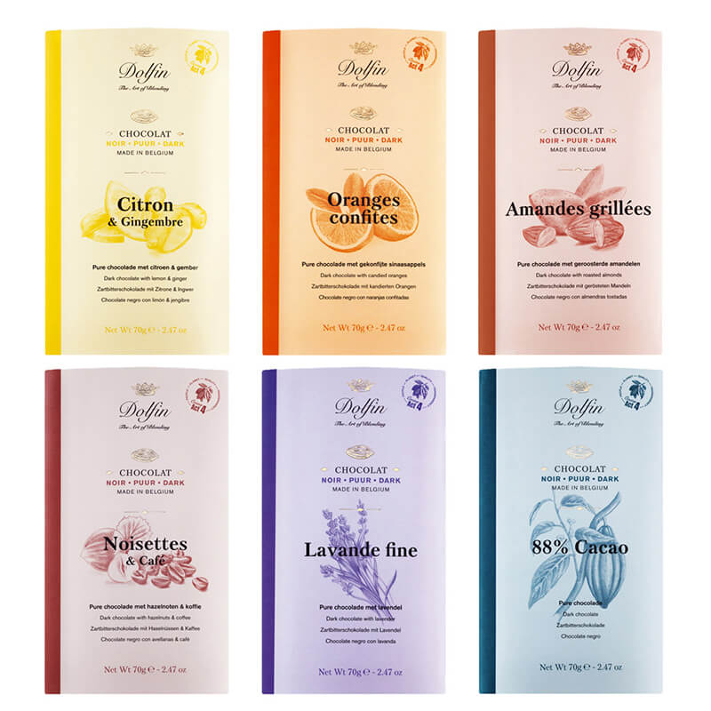 6er Zartbitter Tafelschokoladen Probierpaket von Dolfin, 6 x 70 g weitere Ansicht 6er Zartbitter Tafelschokoladen Probierpaket von Dolfin, 6 x 70 g